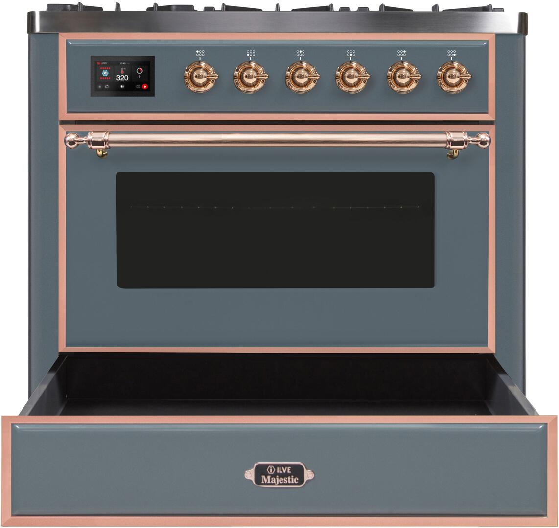 Majestic II 36 Inch Dual Fuel Liquid Propane Freestanding Range in Blue Grey with Copper Trim