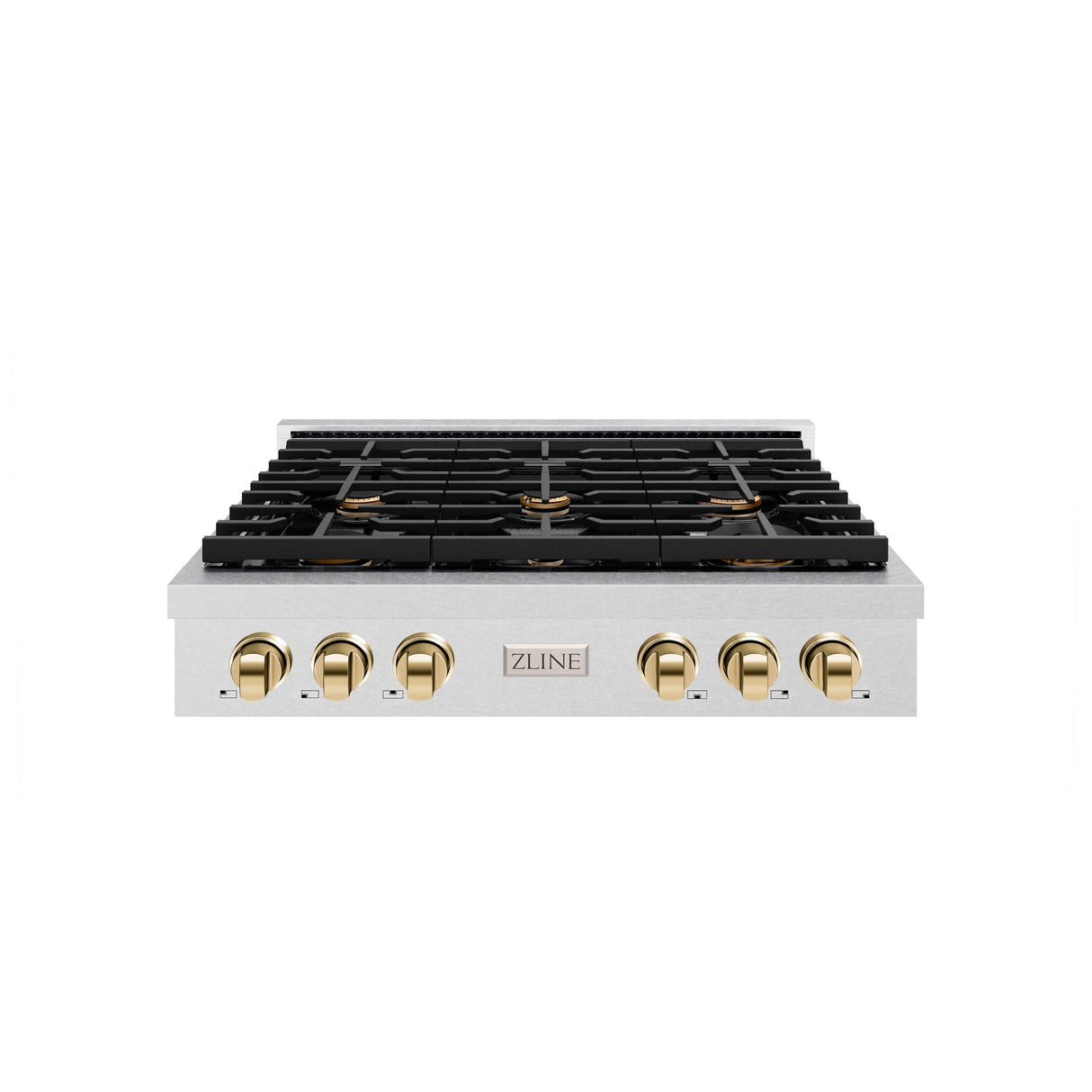 ZLINE 36 in. Autograph Edition Paramount Gas Rangetop with 6 Burners and Porcelain Cooktop in DuraSnow' Stainless Steel with Polished Gold Accents (SRTSZ-36-G)