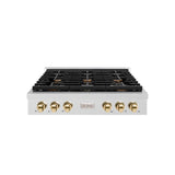 ZLINE 36 in. Autograph Edition Paramount Gas Rangetop with 6 Burners and Porcelain Cooktop in DuraSnow' Stainless Steel with Polished Gold Accents (SRTSZ-36-G)