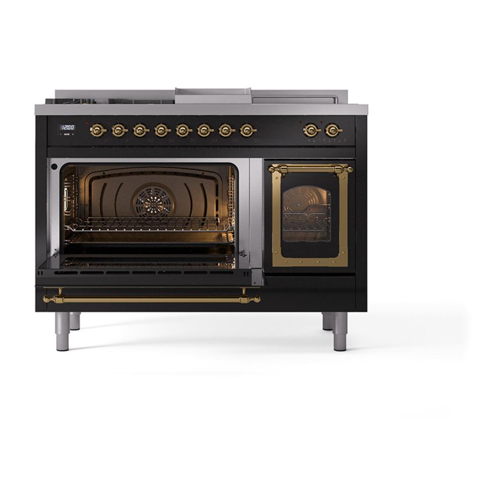ILVE UN48FSNMPBKGLP Nostalgie II Noblesse 48 inch Dual Fuel Range (5 Sealed Burners + Griddle + French Top, Liquid Propane, Triple Glass Door, Glossy Black, Brass)