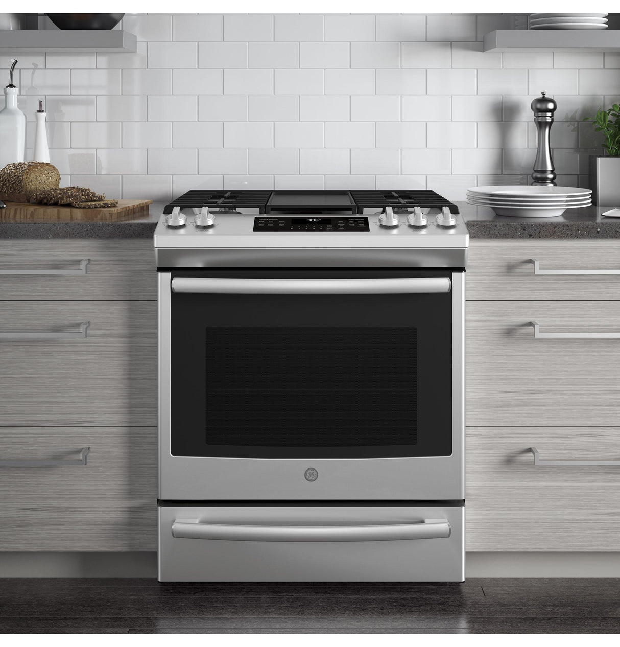 GE® 30" Slide-In Front-Control Convection Gas Range