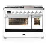 ILVE UM48FNR3WHC Majestic III 48 inch Dual Fuel Range with 8 Burners and Griddle, Dual Function Burner up to 25,000 BTU (Natural Gas, Triple Glass Door, White, Chrome)