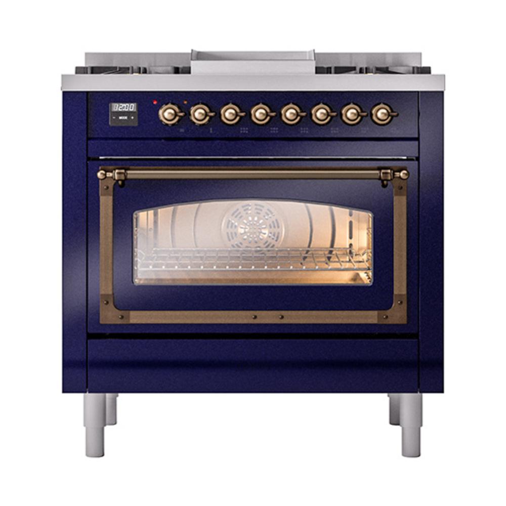 ILVE UN36FNMPMBB Nostalgie II Noblesse 36 inch Dual Fuel Range (Natural Gas, Triple Glass Door, Midnight Blue, Burnished)