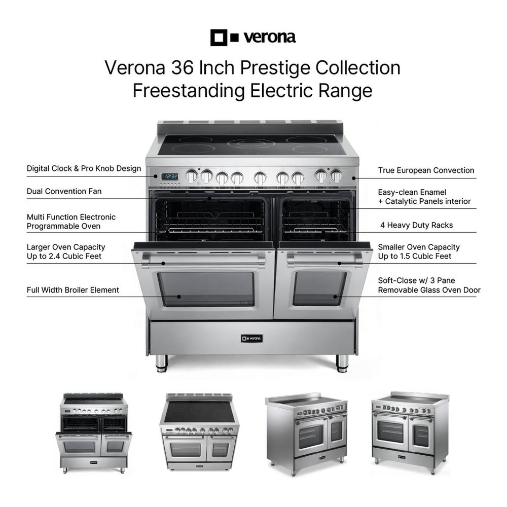 Verona VPFSEE365DSS 36 inch Prestige Series Freestanding Double Oven Electric Range with 5 Elements, 3.5 cu. ft. Total Oven Capacity, European Convection (Stainless Steel)