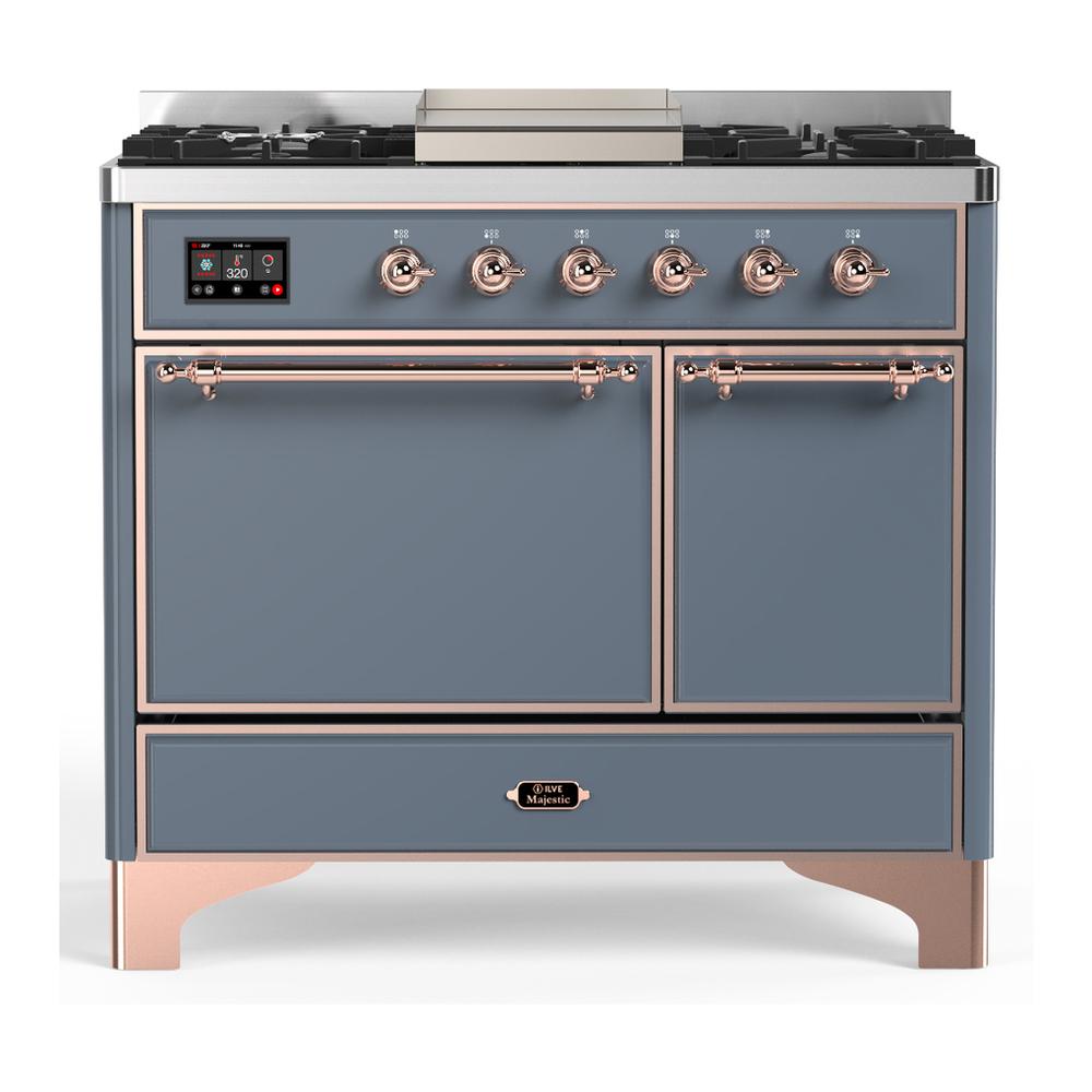 ILVE UMD40FQNR3BGPLP Majestic III 40 inch Dual Fuel Range with 6 Burners and Griddle, Dual Function Burner up to 25,000 BTU (Liquid Propane, Solid Door, Blue Grey, Copper)