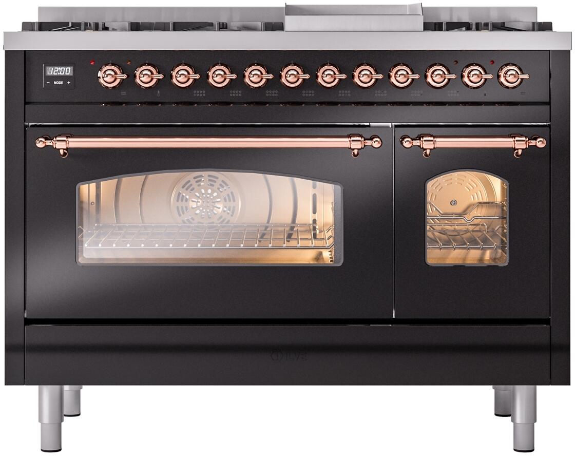 Nostalgie II 48 Inch Dual Fuel Natural Gas Freestanding Range in Glossy Black with Copper Trim