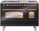 Nostalgie II 48 Inch Dual Fuel Natural Gas Freestanding Range in Glossy Black with Copper Trim