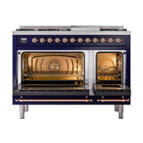 ILVE UN48FNMPMBPLP Nostalgie II Noblesse 48 inch Dual Fuel Range (8 Sealed Burners + Griddle, Liquid Propane, Triple Glass Door, Midnight Blue, Copper)