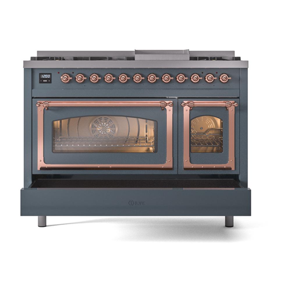 ILVE UN48FNMPBGP Nostalgie II Noblesse 48 inch Dual Fuel Range (8 Sealed Burners + Griddle, Natural Gas, Triple Glass Door, Blue Grey, Copper)