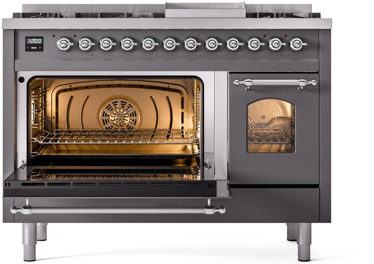 Nostalgie II 48 Inch Dual Fuel Natural Gas Freestanding Range in Matte Graphite with Chrome Trim