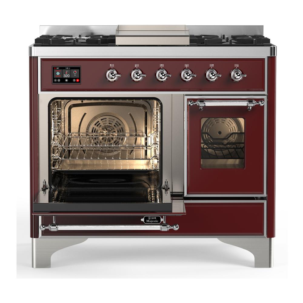 ILVE UMD40FNR3BUC Majestic III 40 inch Dual Fuel Range with 6 Burners and Griddle, Dual Function Burner up to 25,000 BTU (Natural Gas, Triple Glass Door, Burgundy, Chrome)