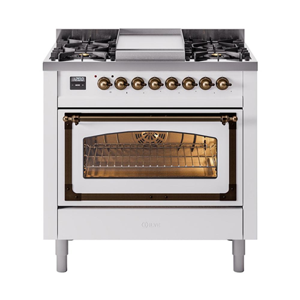 ILVE UN36FNMPWHB Nostalgie II Noblesse 36 inch Dual Fuel Range (Natural Gas, Triple Glass Door, White, Burnished)