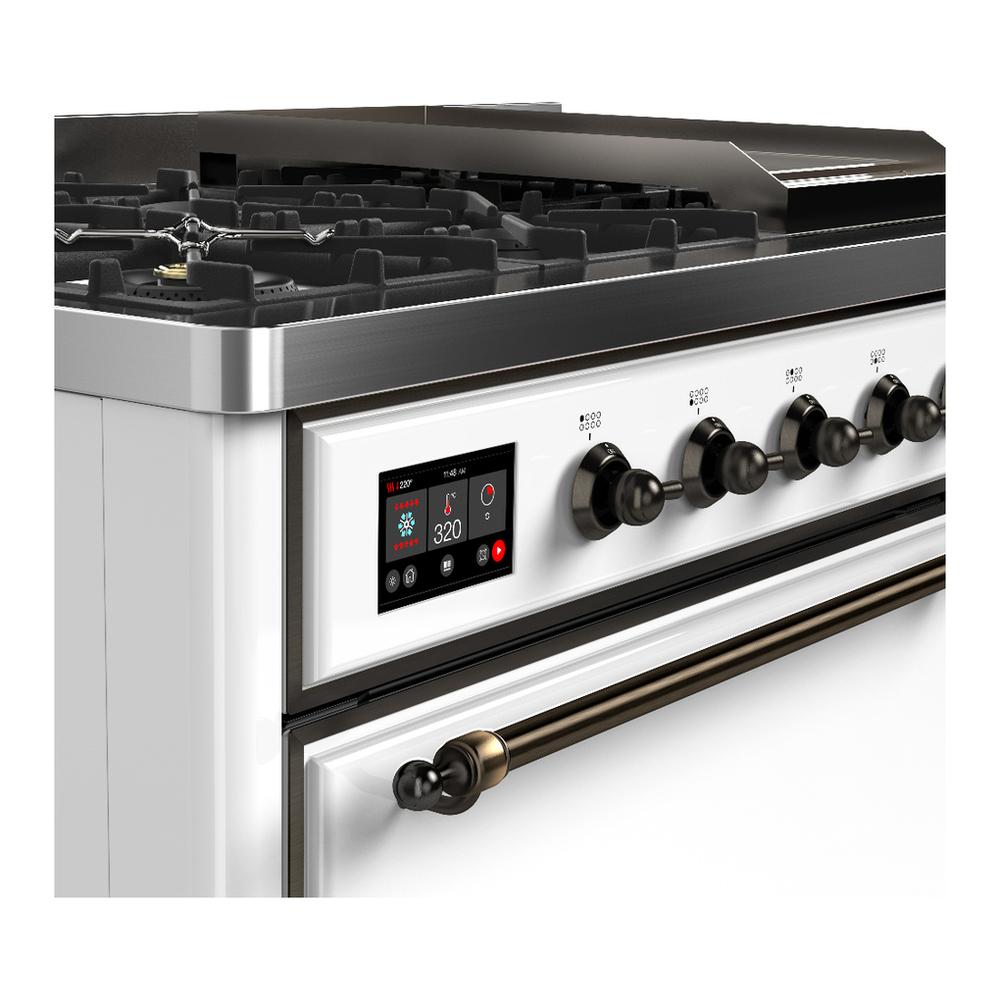 ILVE UM48FQNR3WHB Majestic III 48 inch Dual Fuel Range with 8 Burners and Griddle, Dual Function Burner up to 25,000 BTU (Natural Gas, Solid Door, White, Burnished)
