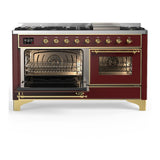 ILVE UM60FNR3BUGLP Majestic III 60 inch Dual Fuel Range with 9 Burners and Griddle, Dual Function Burner up to 25,000 BTU (Liquid Propane, Triple Glass Door, Burgundy, Brass)