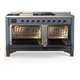 ILVE UM60FSNR3BGBLP Majestic III 60 inch Dual Fuel Range with 7 Burners, Griddle and French Top, Dual Function Burner with up to 25,000 BTU (Liquid Propane, Triple Glass Door, Blue Grey, Burnished)