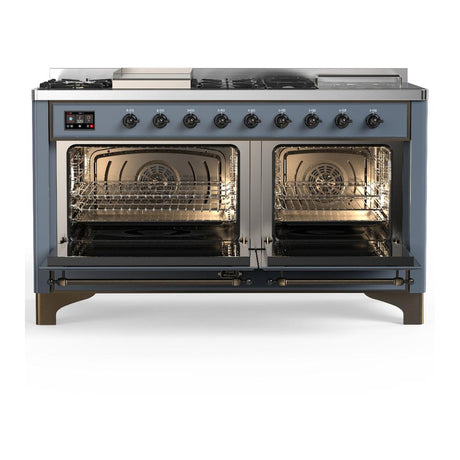 ILVE UM60FSNR3BGBLP Majestic III 60 inch Dual Fuel Range with 7 Burners, Griddle and French Top, Dual Function Burner with up to 25,000 BTU (Liquid Propane, Triple Glass Door, Blue Grey, Burnished)