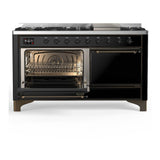ILVE UM60FQNR3BKBLP Majestic III 60 inch Dual Fuel Range with 9 Burners and Griddle, Dual Function Burner up to 25,000 BTU (Liquid Propane, Solid Door, Glossy Black, Burnished)