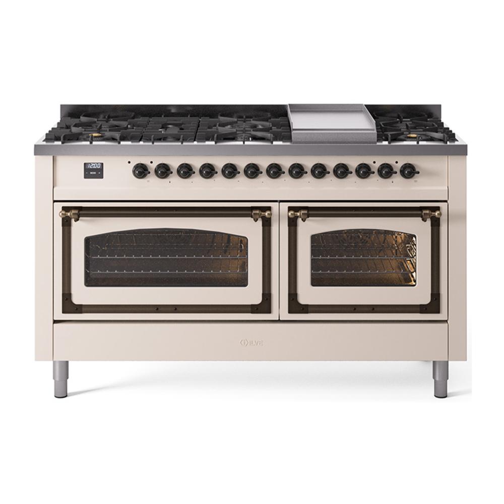 ILVE UN60FNMPAWB Nostalgie II Noblesse 60 inch Dual Fuel Range (9 Sealed Burners + Griddle, Natural Gas, Triple Glass Door, Antique White, Burnished)