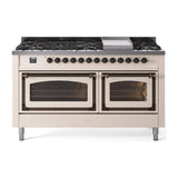 ILVE UN60FNMPAWB Nostalgie II Noblesse 60 inch Dual Fuel Range (9 Sealed Burners + Griddle, Natural Gas, Triple Glass Door, Antique White, Burnished)
