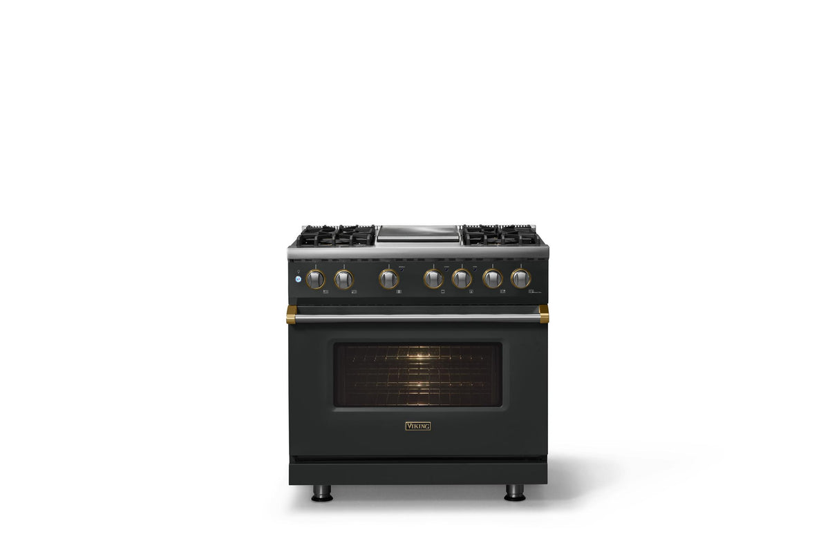 36"W. Dual Fuel Range (Burner: 4g, Finish: Antique Bronze, Trim: Brushed Brass, Fuel: Propane)