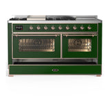 ILVE UM60FSNR3EGP Majestic III 60 inch Dual Fuel Range with 7 Burners, Griddle and French Top, Dual Function Burner with up to 25,000 BTU (Natural Gas, Triple Glass Door, Emerald Green, Copper)