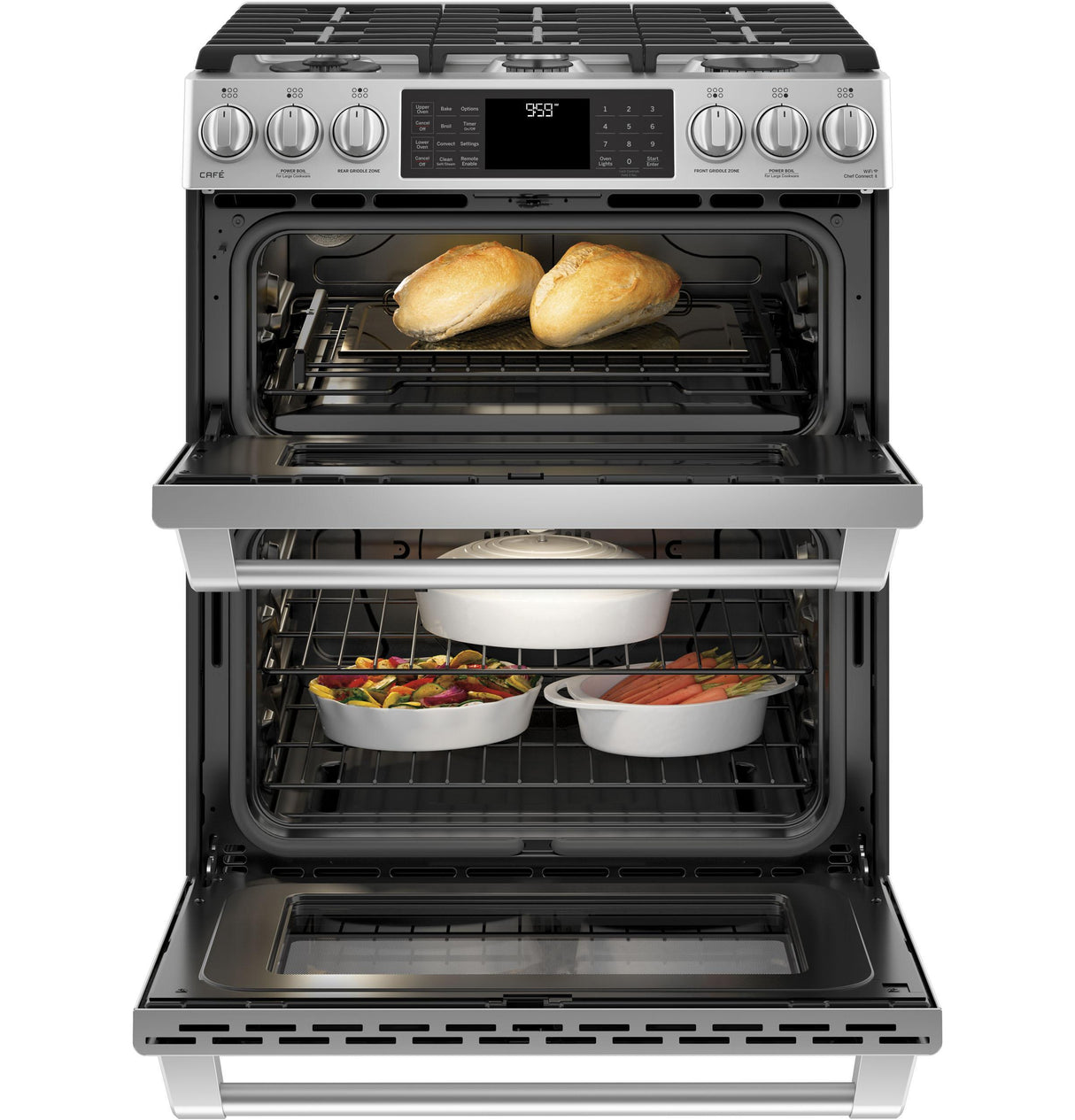 GE Cafe™ Series 30" Slide-In Front Control Gas Double Oven with Convection Range