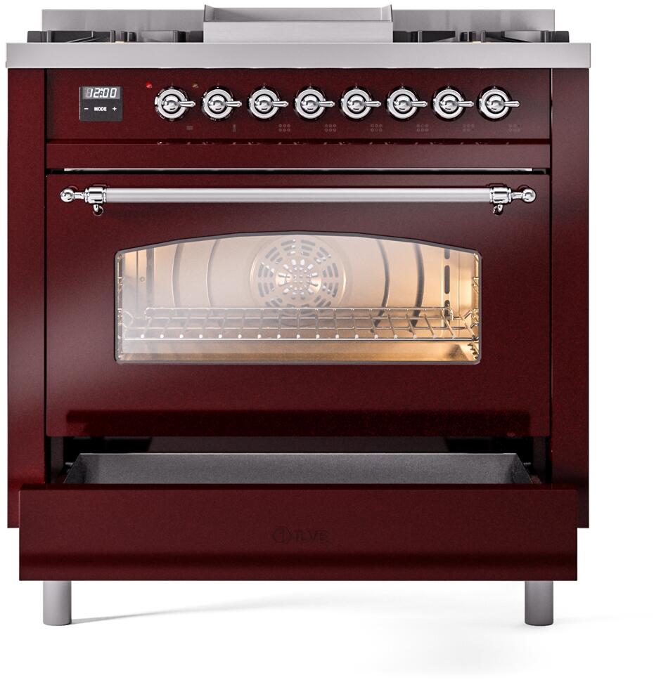 Nostalgie II 36 Inch Dual Fuel Natural Gas Freestanding Range in Burgundy with Chrome Trim