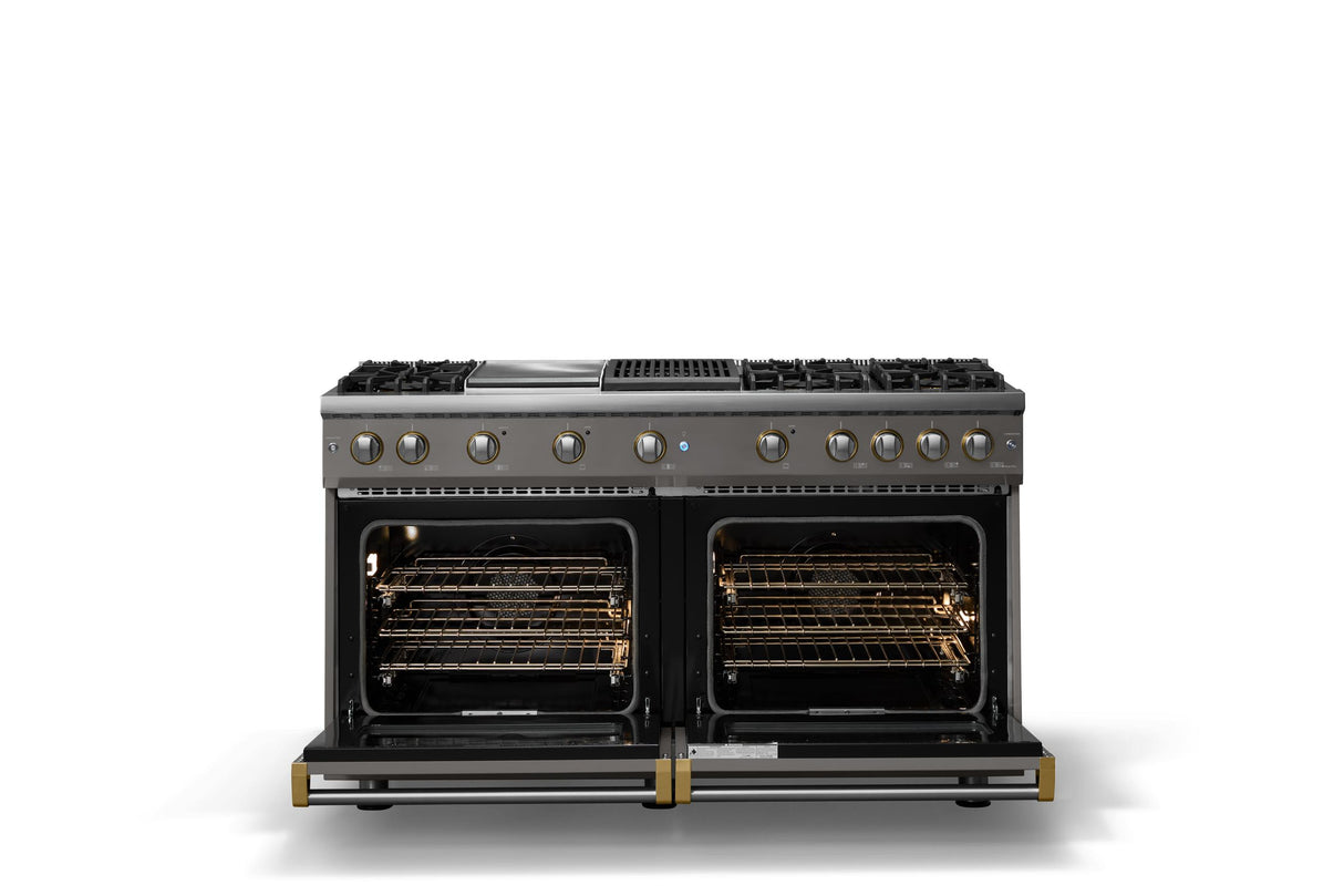 60"W. Sealed Burner Gas Range (Finish: Damascus Gray, Trim: Brushed Brass, Fuel: Propane)