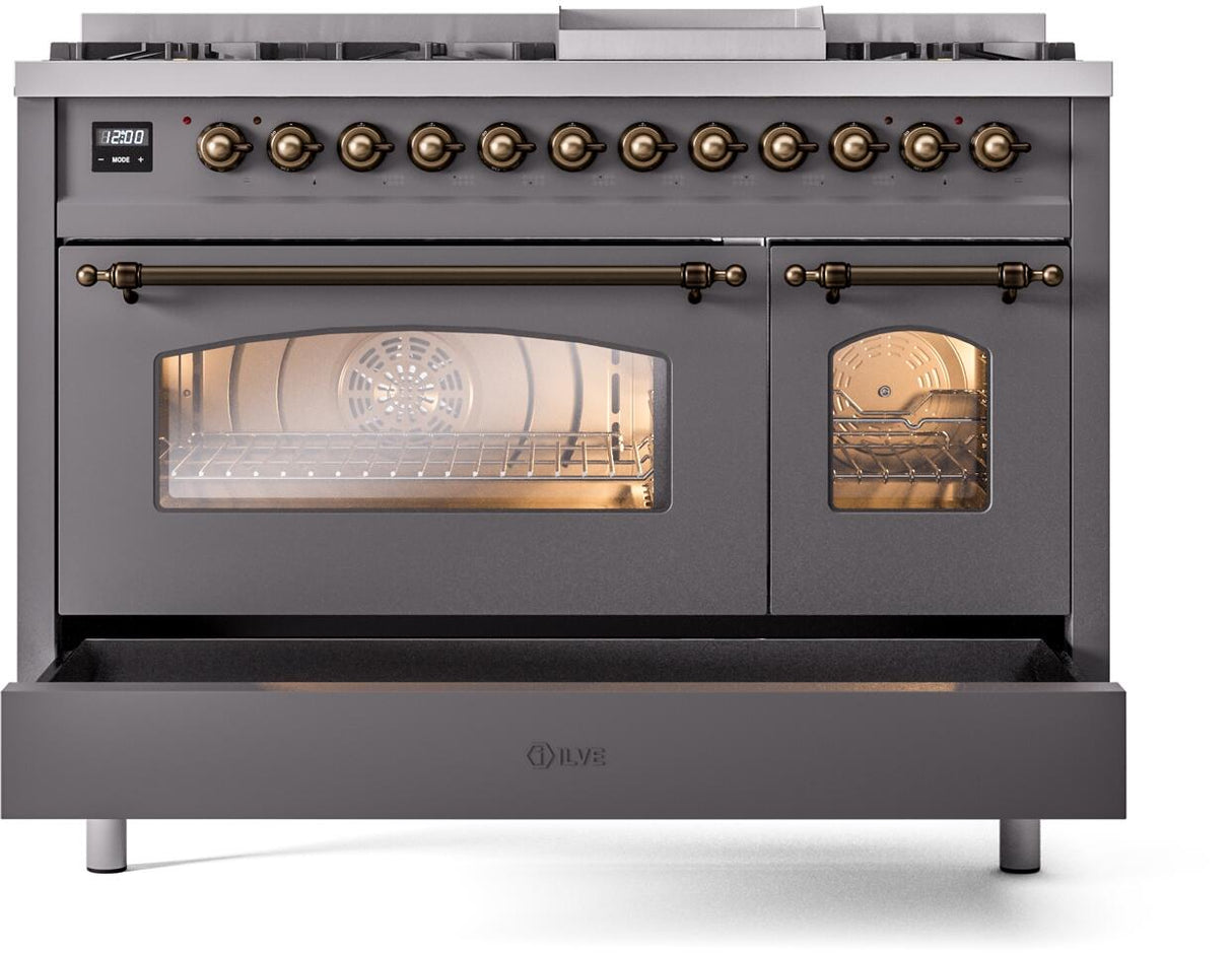 Nostalgie II 48 Inch Dual Fuel Liquid Propane Freestanding Range in Matte Graphite with Bronze Trim