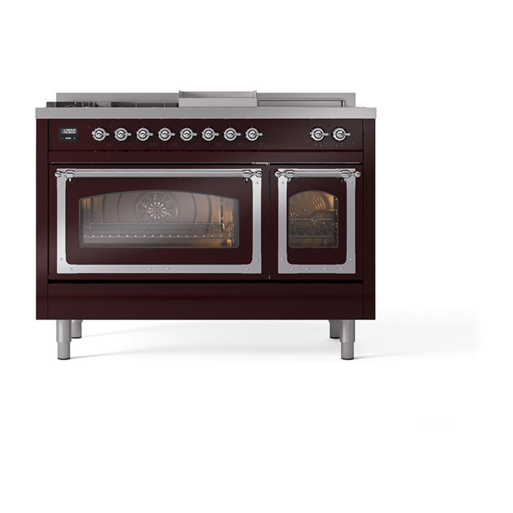 ILVE UN48FSNMPBUCLP Nostalgie II Noblesse 48 inch Dual Fuel Range (5 Sealed Burners + Griddle + French Top, Liquid Propane, Triple Glass Door, Burgundy, Chrome)