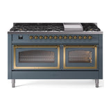 ILVE UN60FNMPBGGLP Nostalgie II Noblesse 60 inch Dual Fuel Range (9 Sealed Burners + Griddle, Liquid Propane, Triple Glass Door, Blue Grey, Brass)
