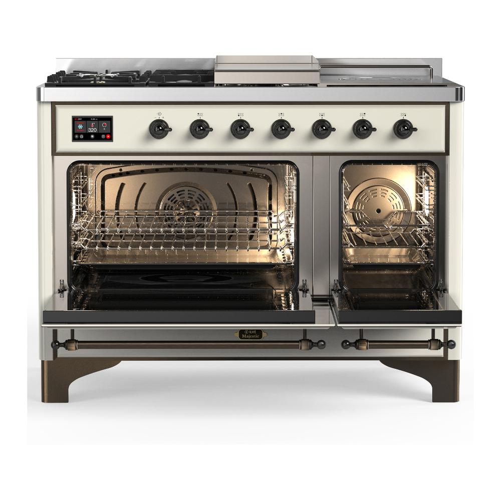 ILVE UM48FSQNR3AWBLP Majestic III 48 inch Dual Fuel Range with 5 Black Brass Burners, Griddle and French Top, Dual Function Burner up to 25,000 BTU (Liquid Propane, Solid Door, Antique White, Burnished)