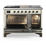 ILVE UM48FSQNR3AWBLP Majestic III 48 inch Dual Fuel Range with 5 Black Brass Burners, Griddle and French Top, Dual Function Burner up to 25,000 BTU (Liquid Propane, Solid Door, Antique White, Burnished)