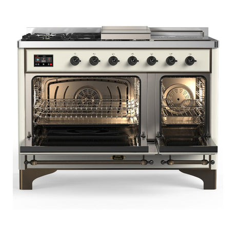 ILVE UM48FSQNR3AWBLP Majestic III 48 inch Dual Fuel Range with 5 Black Brass Burners, Griddle and French Top, Dual Function Burner up to 25,000 BTU (Liquid Propane, Solid Door, Antique White, Burnished)