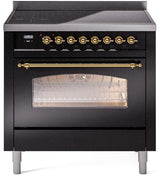Nostalgie II 36 Inch Electric Freestanding Range in Glossy Black with Brass Trim