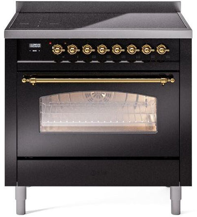 Nostalgie II 36 Inch Electric Freestanding Range in Glossy Black with Brass Trim