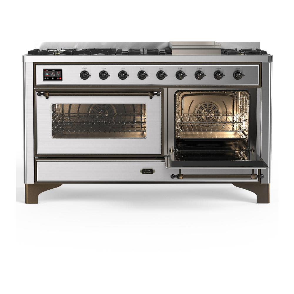 ILVE UM60FNR3SSB Majestic III 60 inch Dual Fuel Range with 9 Burners and Griddle, Dual Function Burner up to 25,000 BTU (Natural Gas, Triple Glass Door, Stainless Steel, Burnished)
