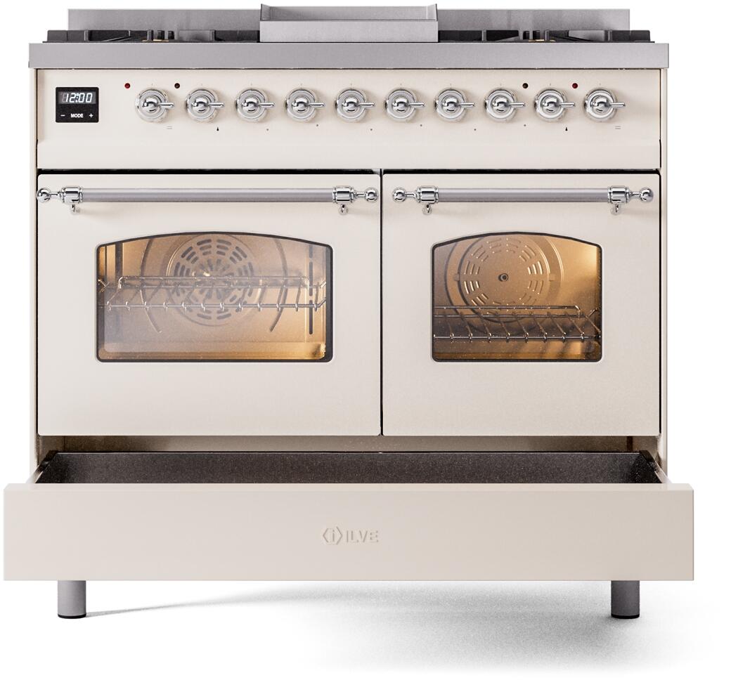 Nostalgie II 40 Inch Dual Fuel Natural Gas Freestanding Range in Antique White with Chrome Trim