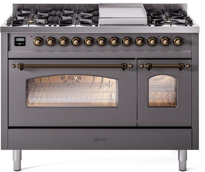 Nostalgie II 48 Inch Dual Fuel Natural Gas Freestanding Range in Matte Graphite with Bronze Trim