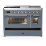 ILVE UM48FSNR3BGC Majestic III 48 inch Dual Fuel Range with 5 Black Brass Burners, Griddle and French Top, Dual Function Burner up to 25,000 BTU (Natural Gas, Triple Glass Door, Blue Grey, Chrome)