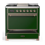 ILVE UM36FQNR3EGP Majestic III 36 inch Dual Fuel Range with 6 Black Brass Burners and Griddle, Dual Function Burner up to 25,000 BTU (Solid Door, Emerald Green, Copper, Natural Gas)