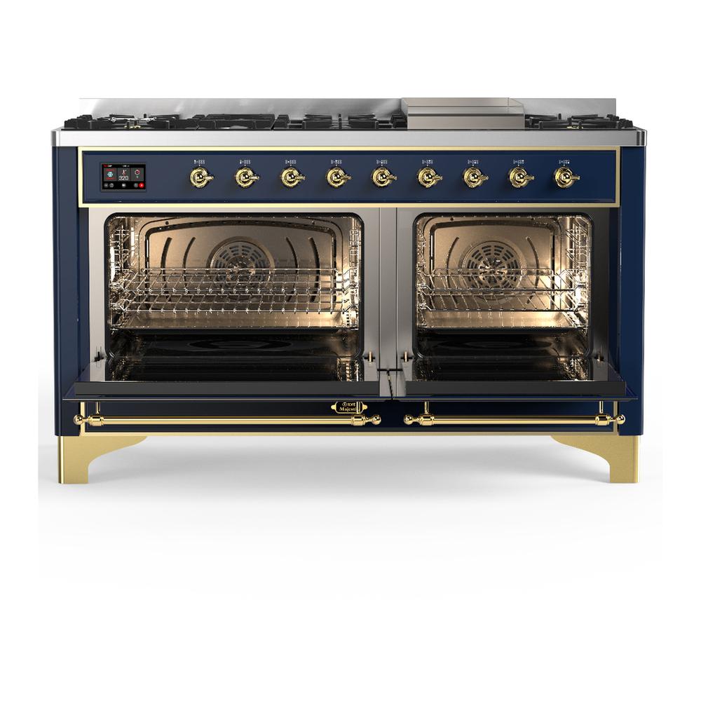 ILVE UM60FNR3MBG Majestic III 60 inch Dual Fuel Range with 9 Burners and Griddle, Dual Function Burner up to 25,000 BTU (Natural Gas, Triple Glass Door, Midnight Blue, Brass)