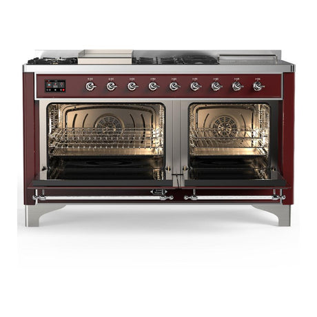 ILVE UM60FSNR3BUC Majestic III 60 inch Dual Fuel Range with 7 Burners, Griddle and French Top, Dual Function Burner with up to 25,000 BTU (Natural Gas, Triple Glass Door, Burgundy, Chrome)