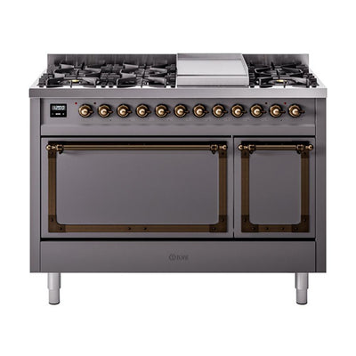 ILVE UN48FQNMPMGB Nostalgie II Noblesse 48 inch Dual Fuel Range (8 Sealed Burners + Griddle, Natural Gas, Solid Door, Graphite Matte, Burnished)