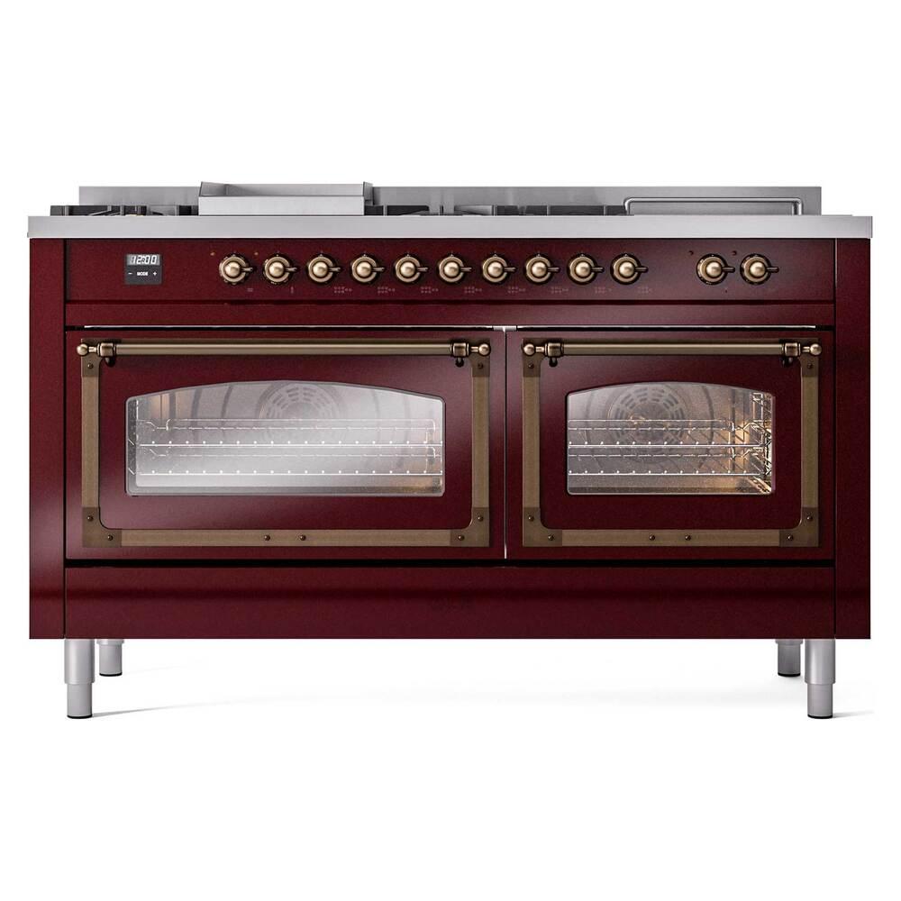 ILVE UN60FSNMPBUBLP Nostalgie II Noblesse 60 inch Dual Fuel Range (7 Sealed Burners + Griddle + French Top, Liquid Propane, Triple Glass Door, Burgundy, Burnished)