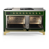 ILVE UM60FSQNR3EGG Majestic III 60 inch Dual Fuel Range with 7 Burners, Griddle and French Top, Dual Function Burner with up to 25,000 BTU (Natural Gas, Solid Door, Emerald Green, Brass)