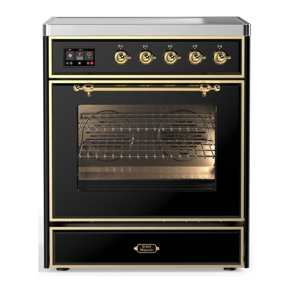 ILVE UMIB30NR3BKG Majestic III 30 inch Induction Range with 4 Elements, 4 cu. ft. Oven Capacity (Triple Glass Door, Glossy Black, Brass)