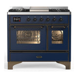 ILVE UMD40FNR3MBBLP Majestic III 40 inch Dual Fuel Range with 6 Burners and Griddle, Dual Function Burner up to 25,000 BTU (Liquid Propane, Triple Glass Door, Midnight Blue, Burnished)