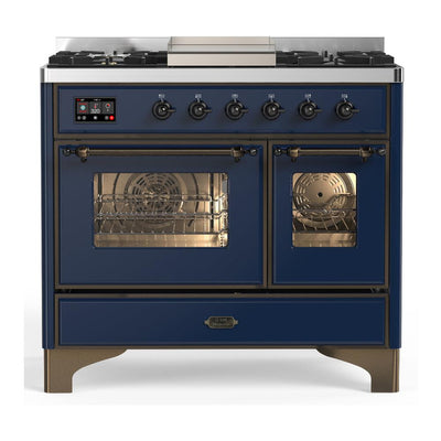 ILVE UMD40FNR3MBBLP Majestic III 40 inch Dual Fuel Range with 6 Burners and Griddle, Dual Function Burner up to 25,000 BTU (Liquid Propane, Triple Glass Door, Midnight Blue, Burnished)