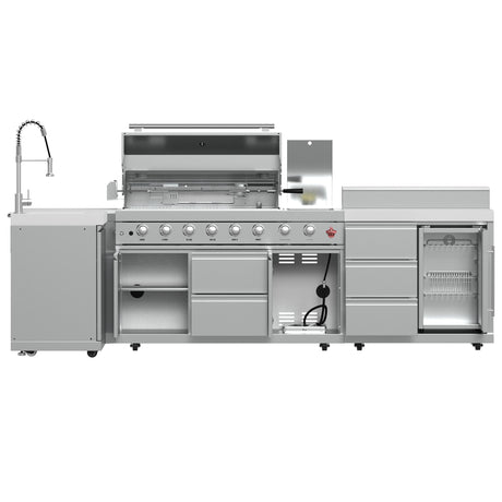 FORNO Bulnes 40-Inch BBQ, 95,000 BTU, 5 Burners, Sear & Rotisserie Infrared with Side Burner, Stainless Steel Outdoor Kitchen with 1.8 cu.ft. Beverage Center & White Sintered Stone Countertops